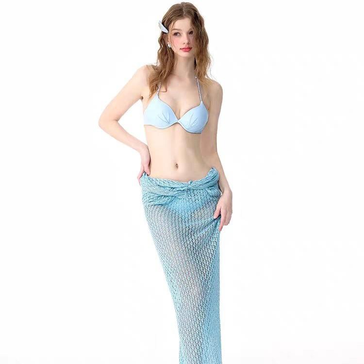 水着 レディース セクシー ホルターネック ビキニ 3点セット 速乾 高弾性 ワイヤー入り パッド付き ブルー ロングスカート 透かし編み カバーアップ 温泉 リゾート ビーチ 旅行
