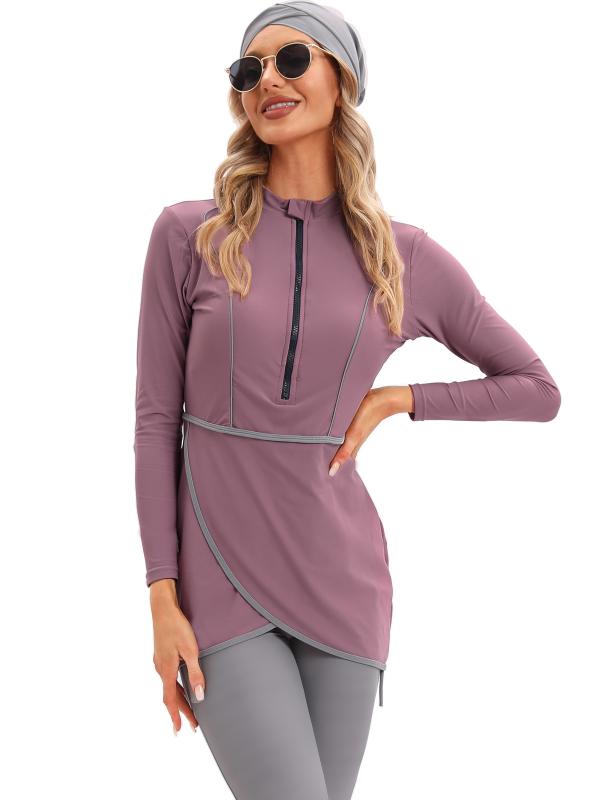 水着 レディース ムスリム イスラム 体型カバー 露出控えめ ジップアップ ファスナー付き 長袖 パッド入り 速乾 耐久性 ピンク 無地 シンプル プール 海 温泉 スイミング スポーツ(x2)