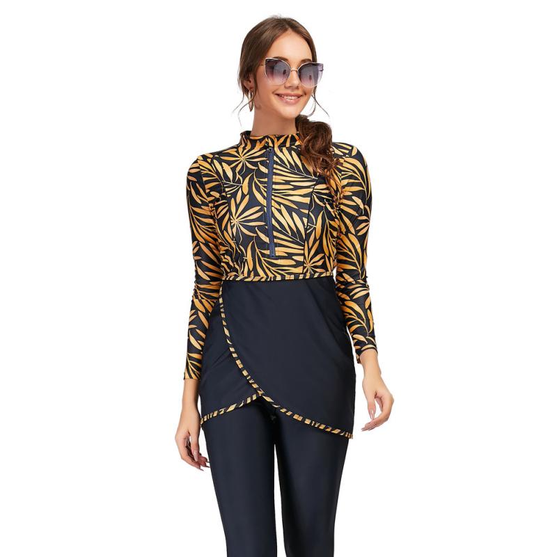 水着 レディース ムスリム 体型カバー 速乾 花柄プリント ノンワイヤー パッドなし ビーチ プール 海水浴 リゾート マリンスポーツ 水泳 ナイロン素材 イエロー リーフ柄 スイムウェア(x2)