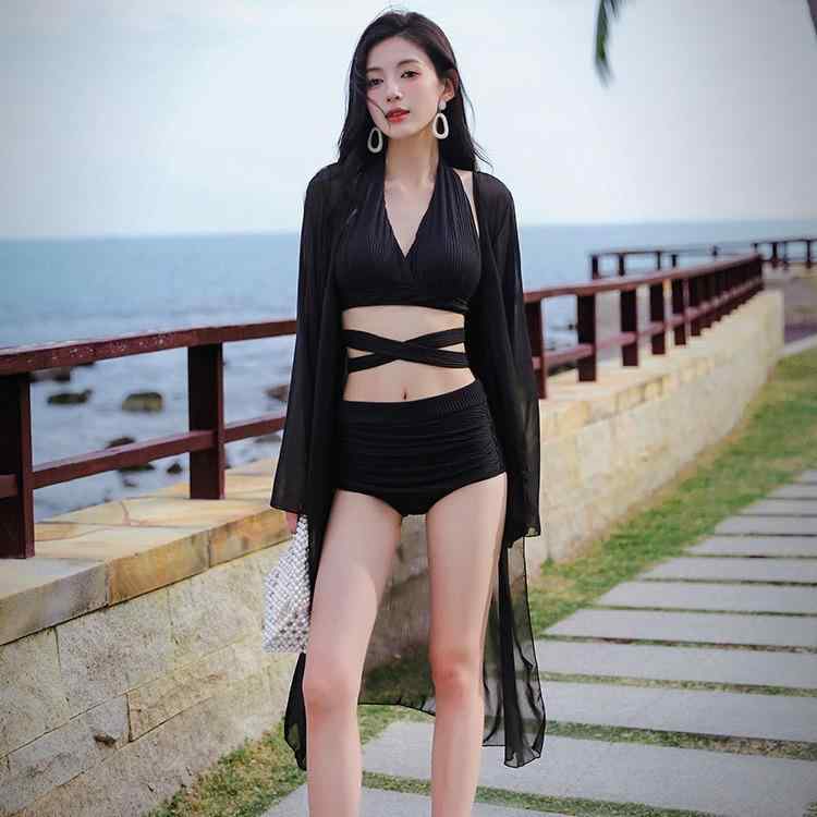 ビキニ レディース ブラック 3点セット セパレート セクシー 純欲系 ノンワイヤー パッド入り 三角パンツ 無地 ビーチ リゾート 海水浴 プール スイムウェア