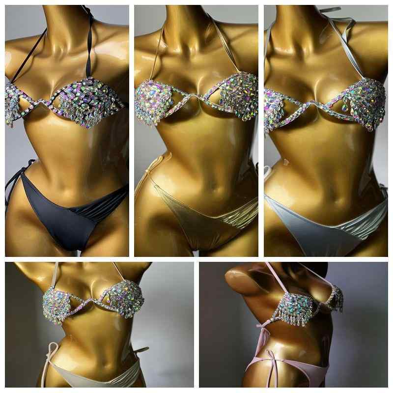 水着 レディース ワイヤー入り ハードカップ 胸パッド付き ビキニ ジルコニア ラインストーン装飾 フリンジデザイン セパレート 三角パンツ スイムウェア プール ビーチ リゾート フィットネス