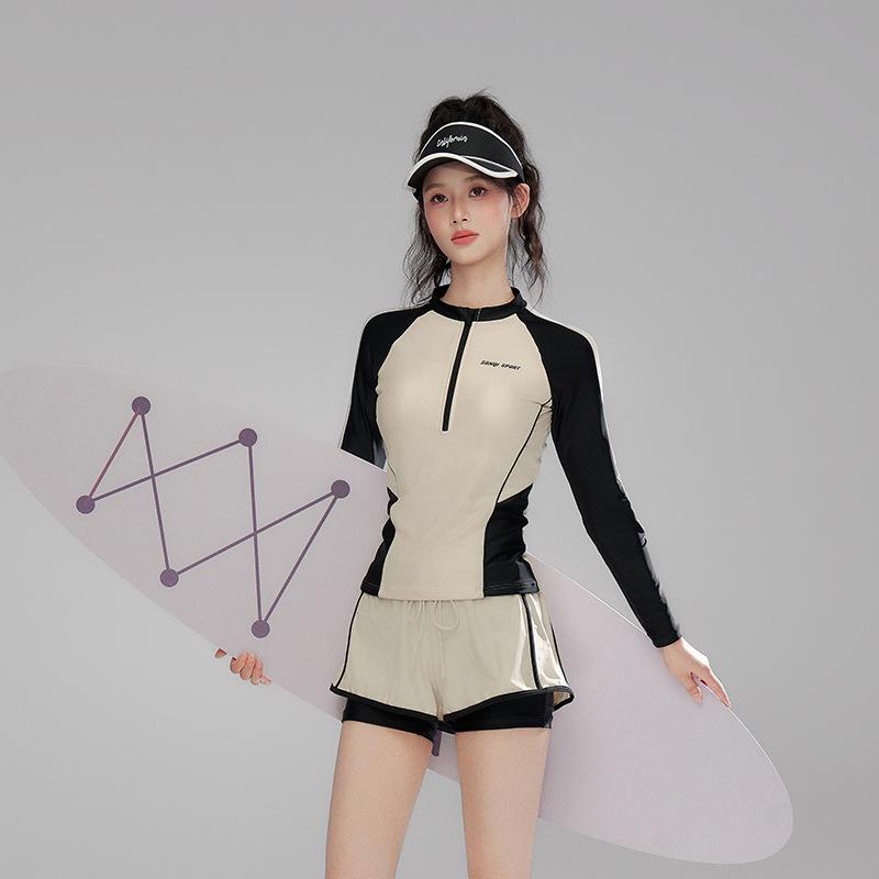 スイムウェア レディース セパレート 長袖 体型カバー 露出控えめ プラスサイズ 大きいサイズ 2点セット 速乾 温泉 プール リゾート ママ水着 ベージュ×ブラック