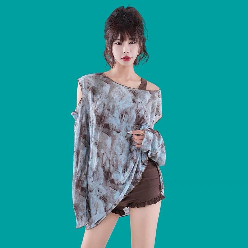 水着 レディース 温泉 温水プール 長袖 スリーピース セパレート 体型カバー 着痩せ ノンワイヤー 胸パッド入り ブラウン ナイロン素材 フィットネス 水泳 スポーツ用