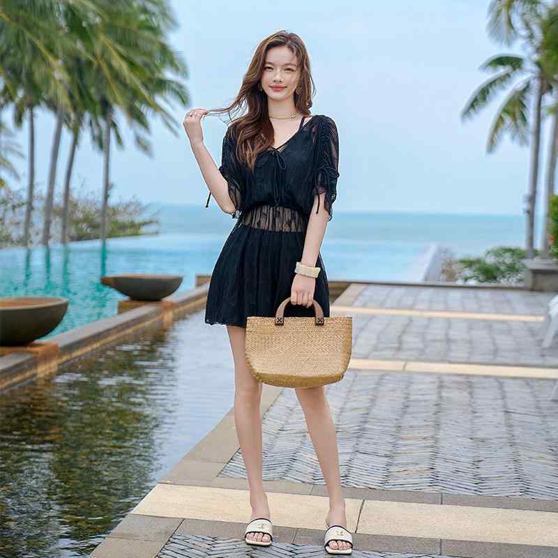 水着 レディース 体型カバー セパレート 3点セット スカートタイプ 小胸カバー 半袖 温泉 プール リゾート 大人用 セクシー かわいい ブラック ナイロン素材 M L XL XXL対応(x2)