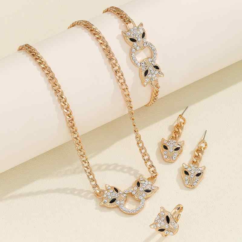Ladies' Jewelry Set (4 Pieces): Gold Leopard & Lion Animal Motif Earrings, Necklace, Bracelet, Electroplated, Rhinestone, Sparkling Metallic, Hypoallergenic, Elegant, Formal.