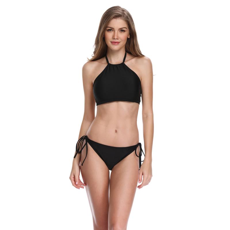 水着 レディース ハイネック ホルターネック 胸パッド付き ノンワイヤー ビキニ セクシー 無地 シンプル タイトフィット ビーチ プール フィットネス 欧米風...