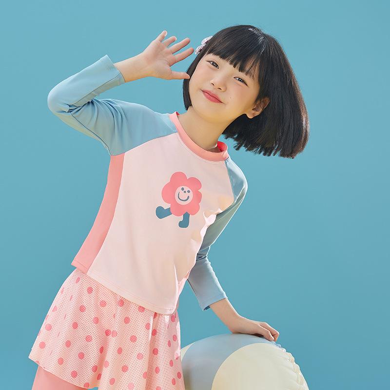 Other - 水着 ジュニア 女の子 スポーツ スイムウェア 長袖 長パンツ セパレート スカート付き 本格的 スクール水着 プール 海 水泳 水遊び用 ナイロン ピンク