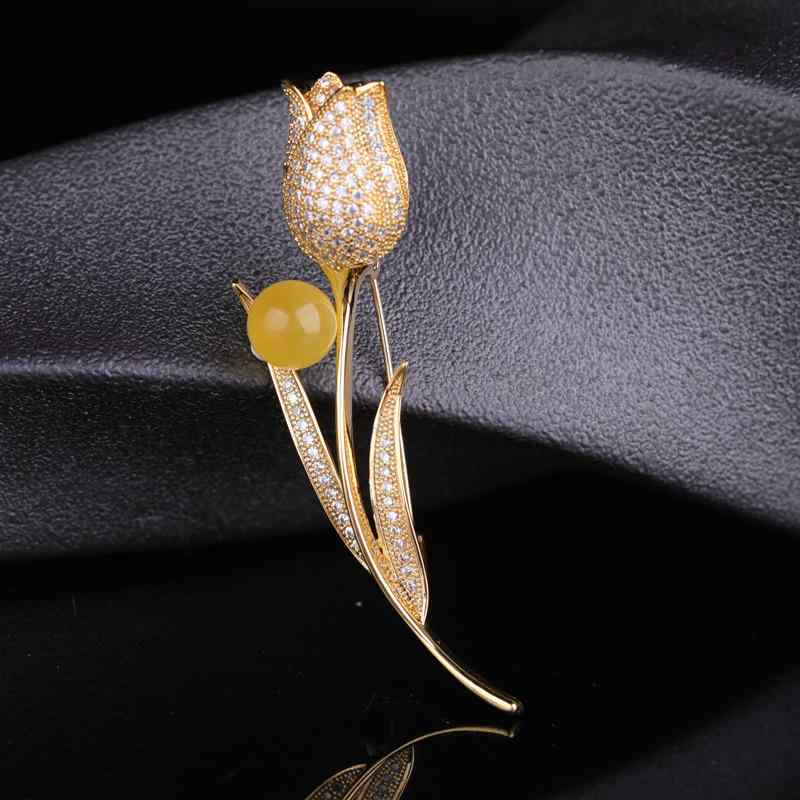 ブローチ レディース 高級感 2WAY 天然琥珀 象嵌細工 チューリップ 花モチーフ 秋冬 コート スーツ アクセサリー ファッション 通勤スタイル