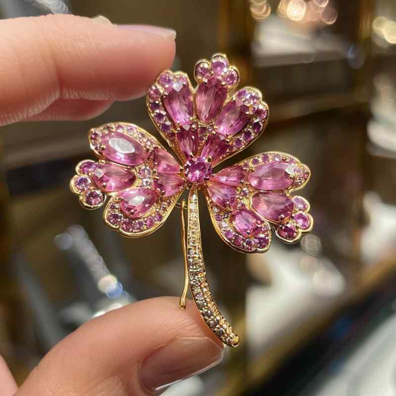 ブローチ レディース ピンク 水晶 四つ葉のクローバー スーツ ジャケット フォーマル アクセサリー 高級感 銅製 電気メッキ加工 プレゼント ラッキーアイテム(x10)