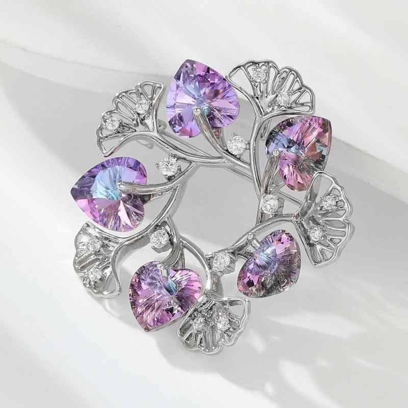 ブローチ レディース 銅製 電気メッキ加工 銀杏の葉 クリスタル ハート リース 高級感 ユニーク 多用途 上品 繊細 ファッション 通勤 オフィス カジュアル プレゼント ギフト(4)