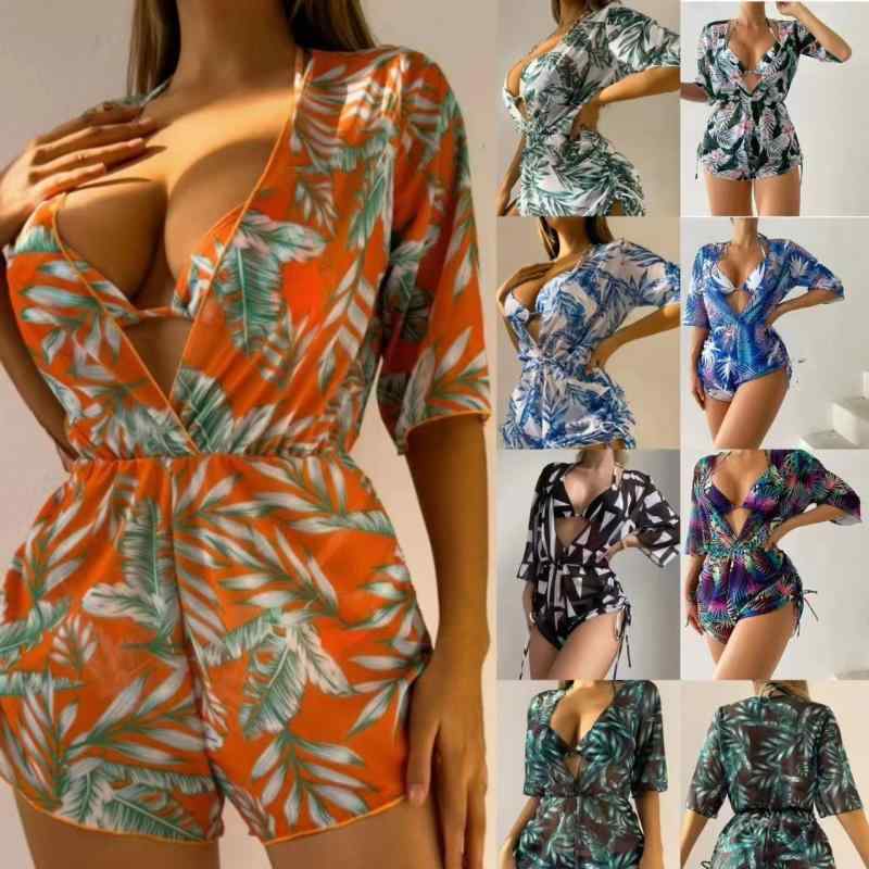 水着 レディース UVカット 日焼け対策 スリーピース ビキニ ビーチウェア カバーアップ 体型カバー プリント 花柄 欧米風 セクシー リゾート 海外旅行 プール