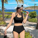 水着 レディース 韓国風 レトロ ストラップ 温泉 ビキニ セパレート 小胸 バストアップ 体型カバー ハイウエスト 三角 ノンワイヤー 胸パッド付き スポーティ セクシー ブラック
