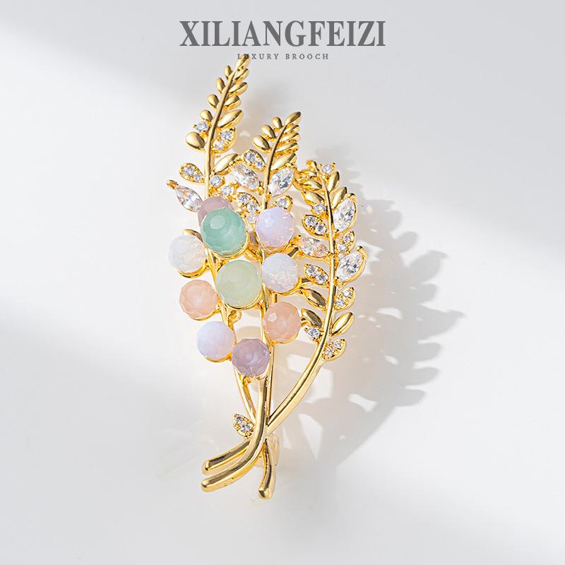 ブローチ 男女兼用 個性的 オリジナルデザイン クリスタル ターコイズ 麦の穂 花モチーフ 銅製電気メッキ エレガント SNS映え コート アクセサリー