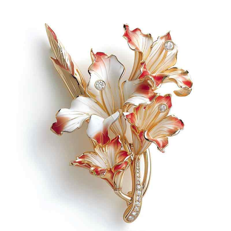 ブローチ レディース グラジオラス フラワー エナメル彩り 田園風 ナチュラル フェミニン 高級感 銅製 ..