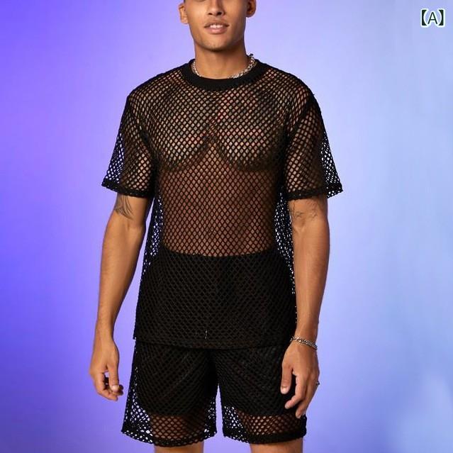 Tシャツ メンズ 個性的 スリムフィット タイトフィット インナー カットアウト フィッシュネット メッシュ シアー 透け感 半袖 ショートスリーブ 薄手 通気性 防しわ クルーネック ストリートカジュアル