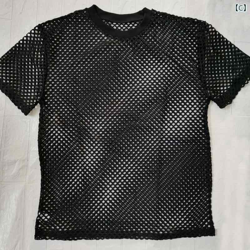 Tシャツ メンズ 個性的 スリムフィット タイトフィット インナー カットアウト フィッシュネット メッシュ シアー 透け感 半袖 ショートスリーブ 薄手 通気性 防しわ クルーネック ストリートカジュアル