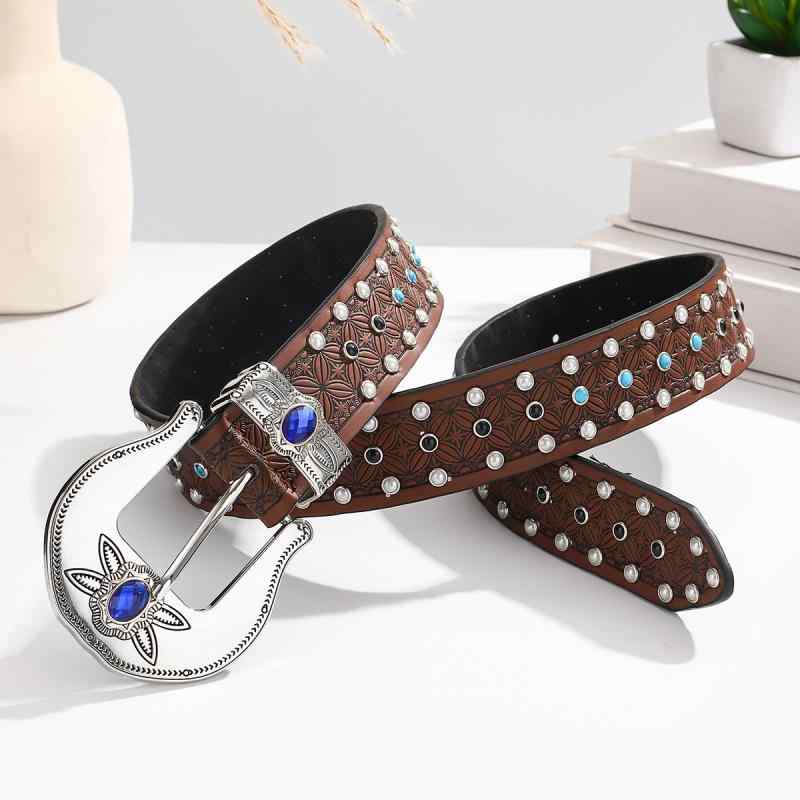 ベルト メンズ レディース カジュアル パンク風 スタッズ 高級感 PUレザー ピンバックル デニム調 コーヒーブラウン 個性的 装飾 電気メッキ加工(x2)(4)