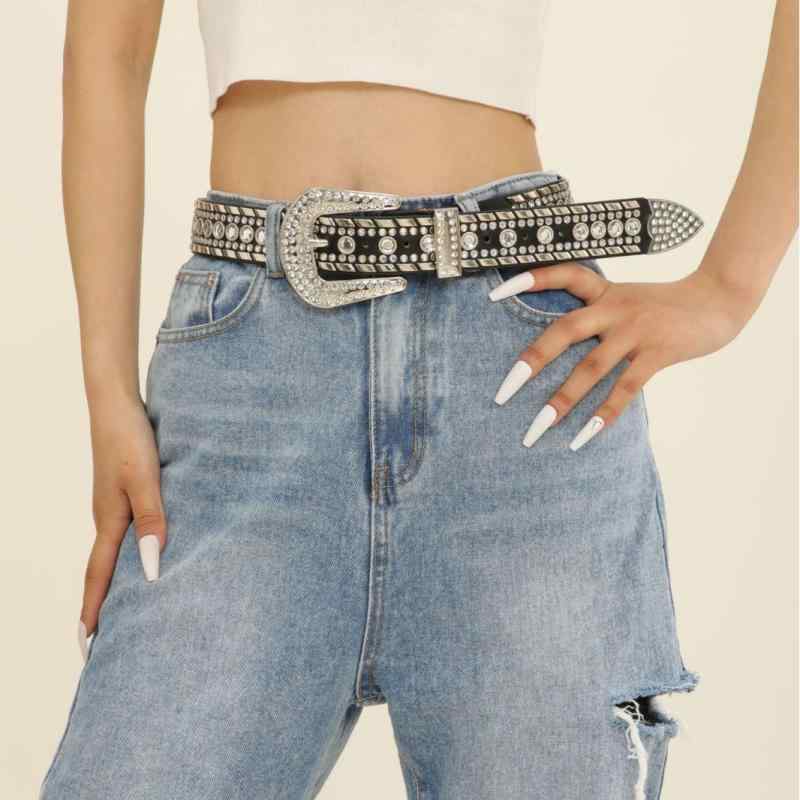 ベルト レディース ラインストーン飾り 太め 幅広 ピンバックル 四角バックル PUレザー パンク ヒップホップ ストリート系 デニム ジーンズ カジュアル ブラック