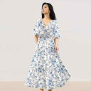 ワンピース レディース 春夏 シフォン 花柄 Vネック 七分袖 ランタンスリーブ Aライン ハイウエスト ウエストマーク 細見え 体型カバー ミディ丈 小柄 低身長向け エレガント 高級感 ポリエステル