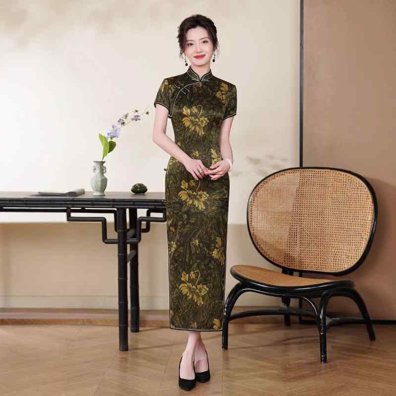 ワンピース レディース 大人 チャイナドレス 桑蚕シルク ロング丈 半袖 スタンドカラー 斜め襟 レトロ モダン エレガント 中国風 春夏 デジタルプリント 上質素材 パーティー フォーマル(x2)