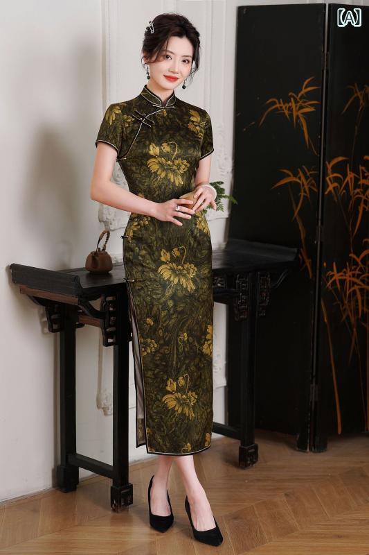 ワンピース レディース 大人 チャイナドレス 桑蚕シルク ロング丈 半袖 スタンドカラー 斜め襟 レトロ モダン エレガント 中国風 春夏 デジタルプリント 上質素材 パーティー フォーマル(x2)