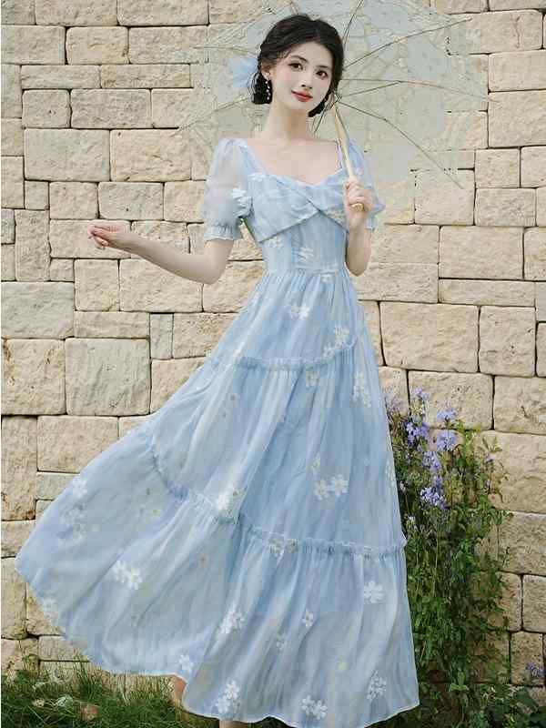 ワンピース レディース フレンチ エレガント ウエストマーク 刺繍 シフォン スクエアネック ミディ丈 半袖 パフスリーブ ブルー リゾート 通勤 オフィス カジュアル 着回し 万能