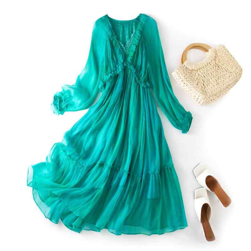 ワンピース レディース 桑蚕シルク 韓国風 細見え エレガント Vネック 長袖 フレア ミディ丈 通勤 きれいめ リゾート 無地 グリーン(x2)