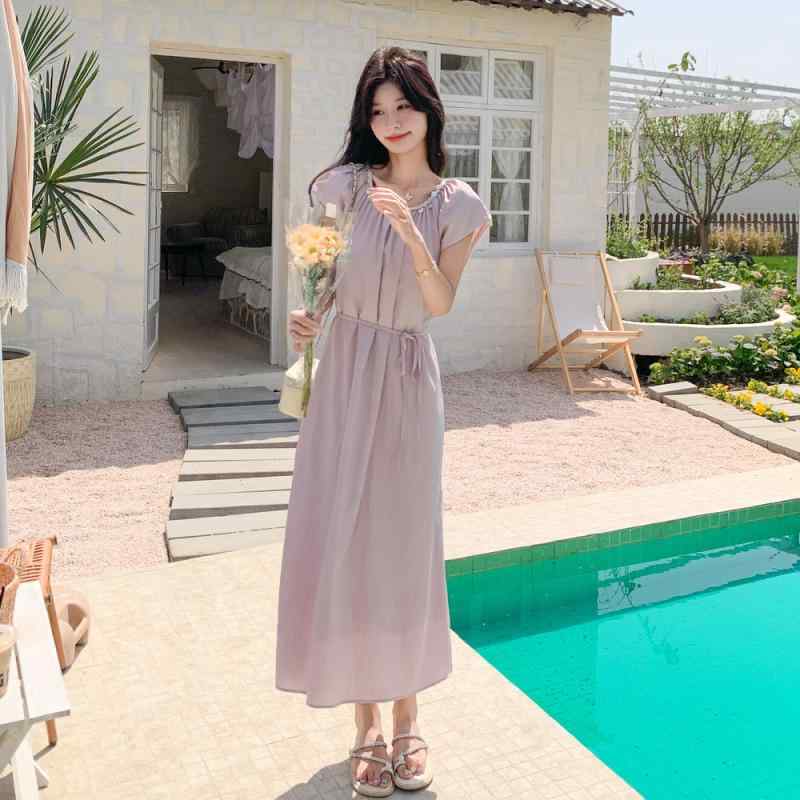 ワンピース レディース ピンク フレンチスタイル スパンコール きれいめ 上品 体型カバー ウエストマーク Aライン ロング丈 リゾート ビーチ 春夏 半袖