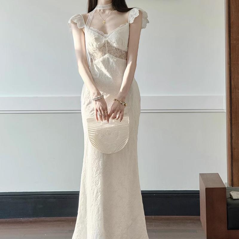 ワンピース レディース ノースリーブ Vネック 透かし編み ウエストマーク ロング丈 Aライン フレンチリゾート 純欲系 カジュアル 配色デザイン ポリエステル 春夏(x2)