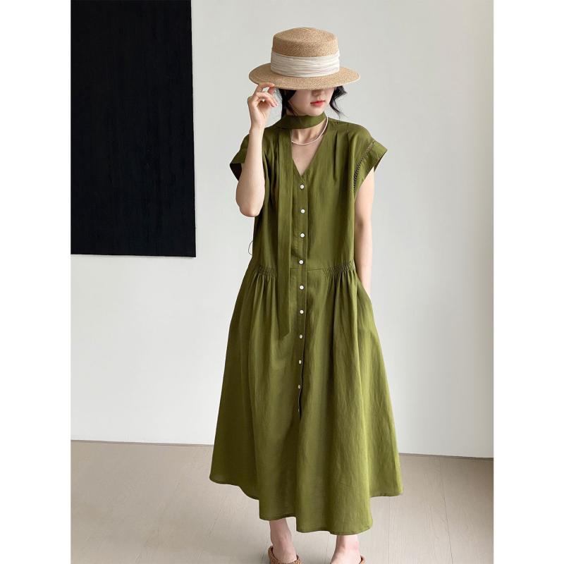 ワンピース レディース アボカドグリーン Vネック ウエストマーク 細見え 前ボタン ノースリーブ フリル袖 Aライン ロング丈 テンセルリネン きれいめカジュアル 夏