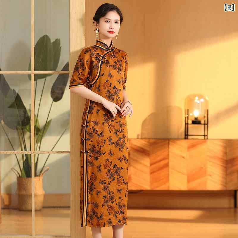 チャイナドレス レディース ロング丈 スリムフィット スタイルアップ スタンドカラー 蝶 梅の花柄 レトロ 絹混 改良型 春夏 パーティー イベント 発表会 エレガント 中華風 紫色(x2)