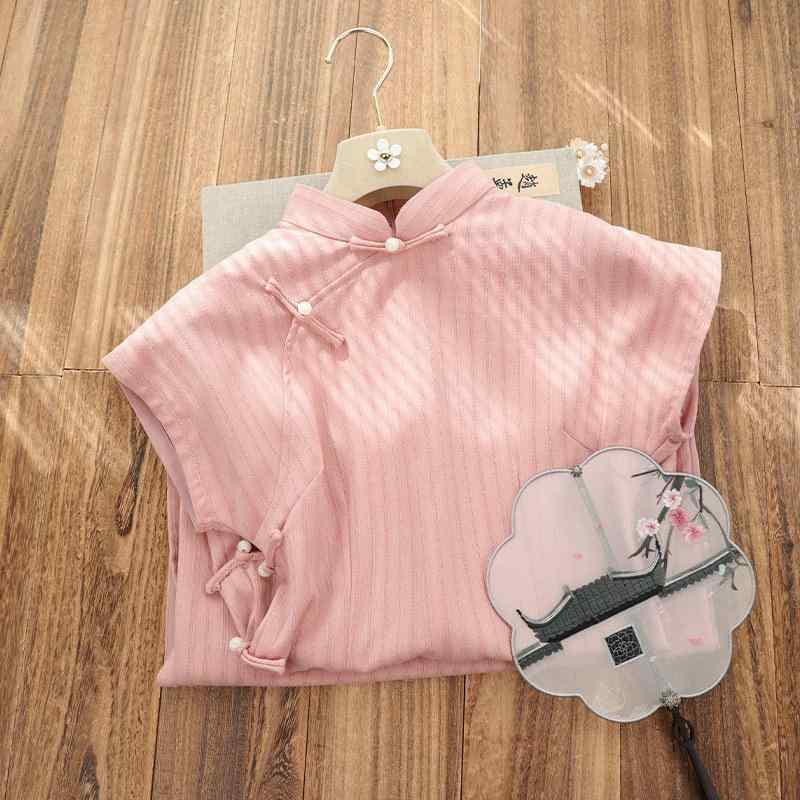 チャイナドレス レディース 女性用 ピンク 上品 エレガント 新中華風 改良 ストライプ柄 普段使い レトロ 春夏 ロング丈 スタンドカラー 七分袖 スリット入り