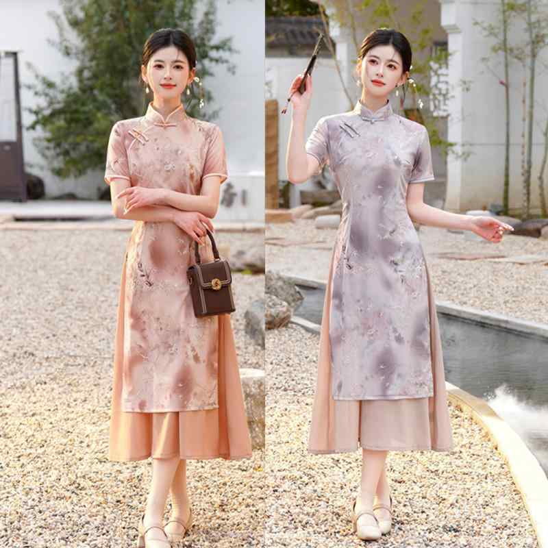 チャイナドレス レディース アオザイ風 レトロ 民族風 ロング丈 改良型 新中式 普段使い メッシュ 箔プリント エレガント 七分袖 ポリエステル スパンデックス ストレッチ 深スリット