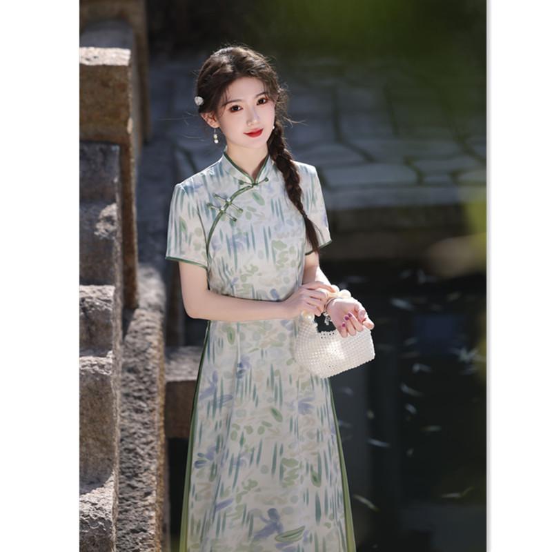 チャイナドレス レディース ロング丈 レトロ エスニック 上海風 アオザイ風 春夏 半袖 スタンドカラー 斜め襟 ハイサイドスリット 微ストレッチ エレガント 上品 高級感