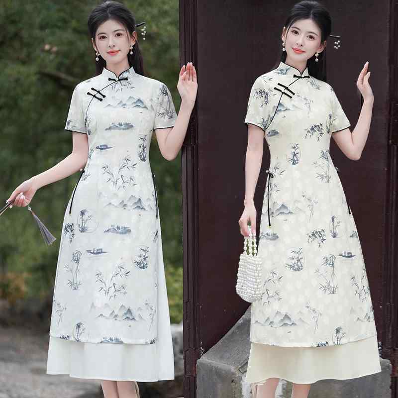 チャイナドレス レディース ロング丈 改良型 モダンチャイナ風 レトロ 民国風 普段使い カジュアル 春夏 ストレッチ スタンドカラー 斜め襟 三分袖 スリット入り ボタン飾り アオザイ調 茶服スタイル