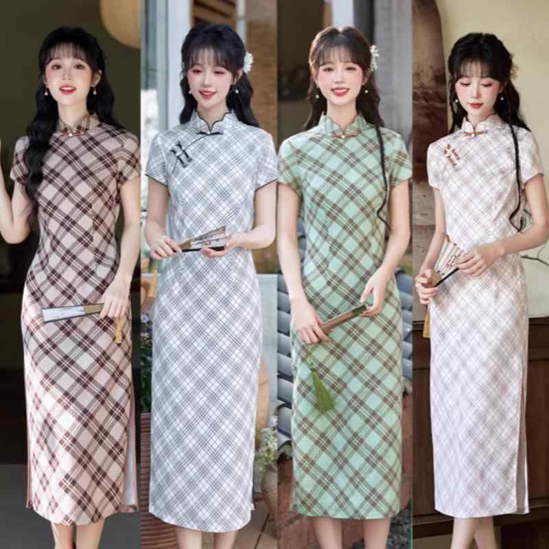 チャイナドレス レディース 新チャイナ風 レトロ 春夏 チェック柄 高級感 スタンドカラー 七分袖 微ストレッチ 普段使い カジュアル 学..