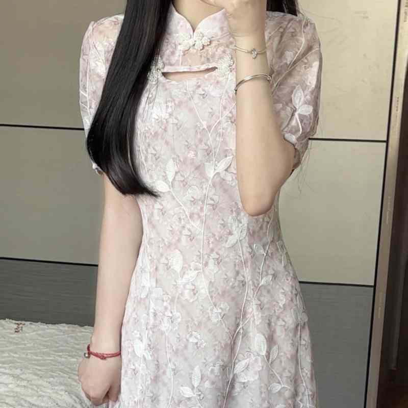 ワンピース レディース ノースリーブ ポロ襟 切り替えデザイン チャイナ風 マーメイドシルエット エレガント フェミニン ミディ丈 大人可愛い シェニール素材 ピンク