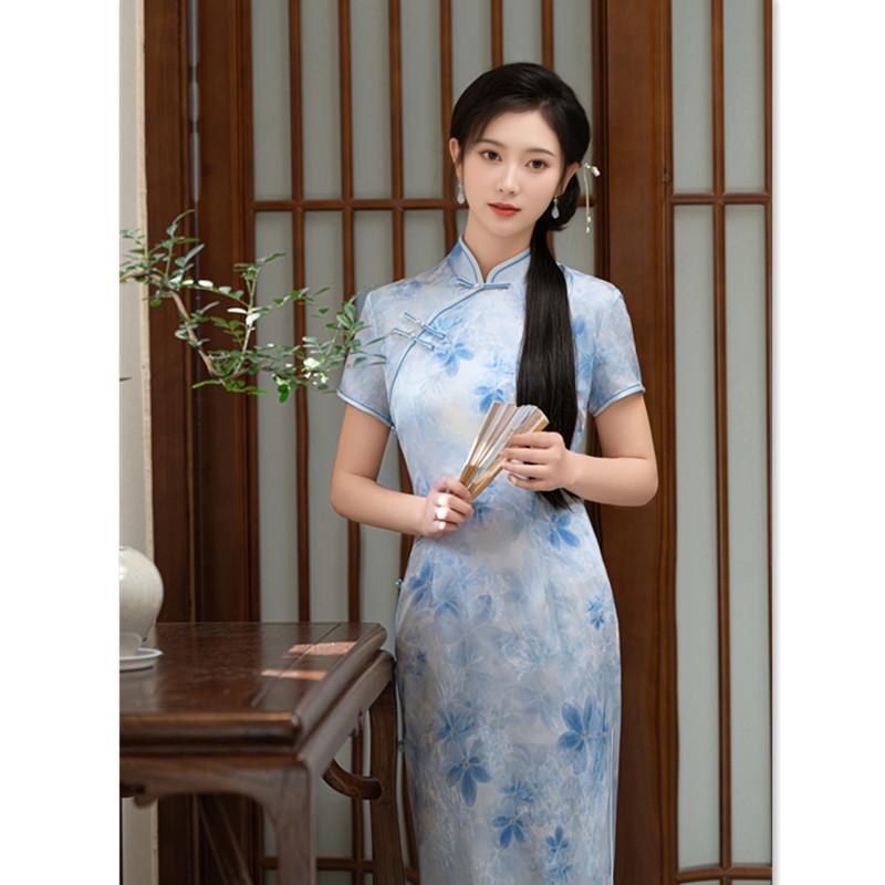 チャイナドレス レディース 春夏 上品 エレガント 無地 改良版 レトロ ロング丈 スタンドカラー 七分袖..