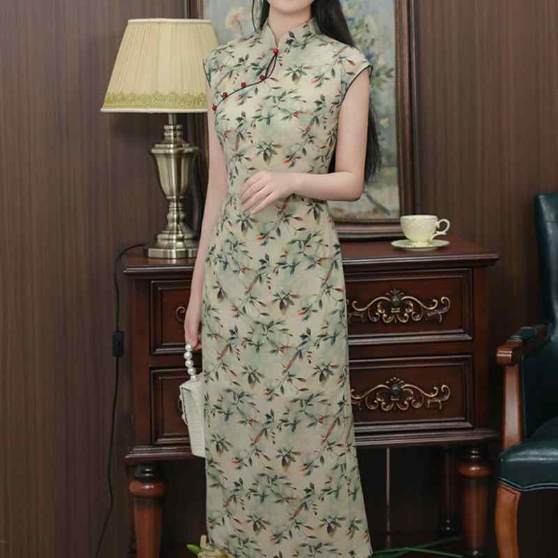 チャイナドレス レディース 改良 新中国風 普段使い レトロ 小花柄 ロング丈 グリーン 半袖 スタンドカラー 斜め襟 サイドスリット パイピング テンセル素材 淑女風 春夏