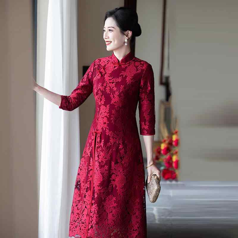 チャイナドレス レディース 母親向け 結婚式 披露宴 礼服 フォーマルドレス 高級感 七分袖 ミディ丈 レース刺繍 スタンドカラー 春夏