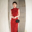 チャイナドレス レディース ノースリーブ ハイネック ロング丈 ジャガード織り パイピング スリット入り 伸縮性あり エレガント 真紅 披露宴ドレス パーティードレス 春夏 中華風