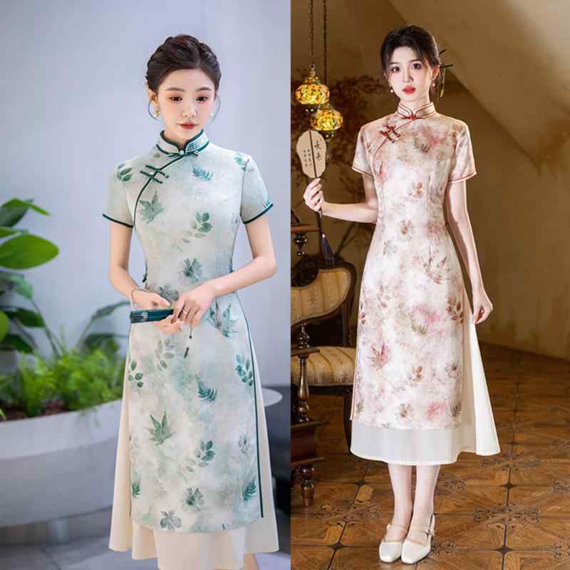 チャイナドレス レディース 体型カバー 細見え 伸縮性 ロング丈 アオザイ風 モダンチャイニーズ レトロ エレガント 普段使い スタンドカラー 斜め襟 七分袖 ハイサイドスリット 竹風錦 立体柄 春夏