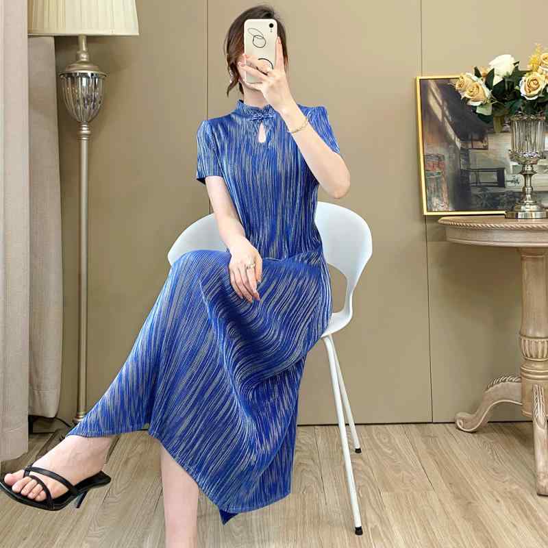チャイナドレス レディース 改良型 新チャイニーズスタイル 春夏 日常使い ハイストレッチ プリーツ スリット 上品 高級感 ロング丈