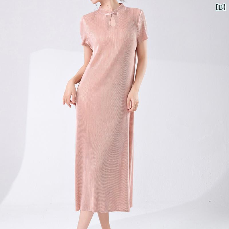 チャイナドレス レディース 改良型 新チャイニーズスタイル 春夏 日常使い ハイストレッチ プリーツ スリット 上品 高級感 ロング丈