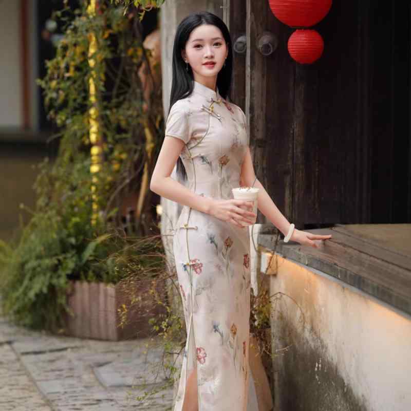 チャイナドレス レディース 春夏 複合メッシュ プリント 刺繍 微ストレッチ ロング丈 スタンドカラー 5分袖 スリット入り レトロ 上品 エレガント スタイルアップ 細見え デイリー 大人かわいい