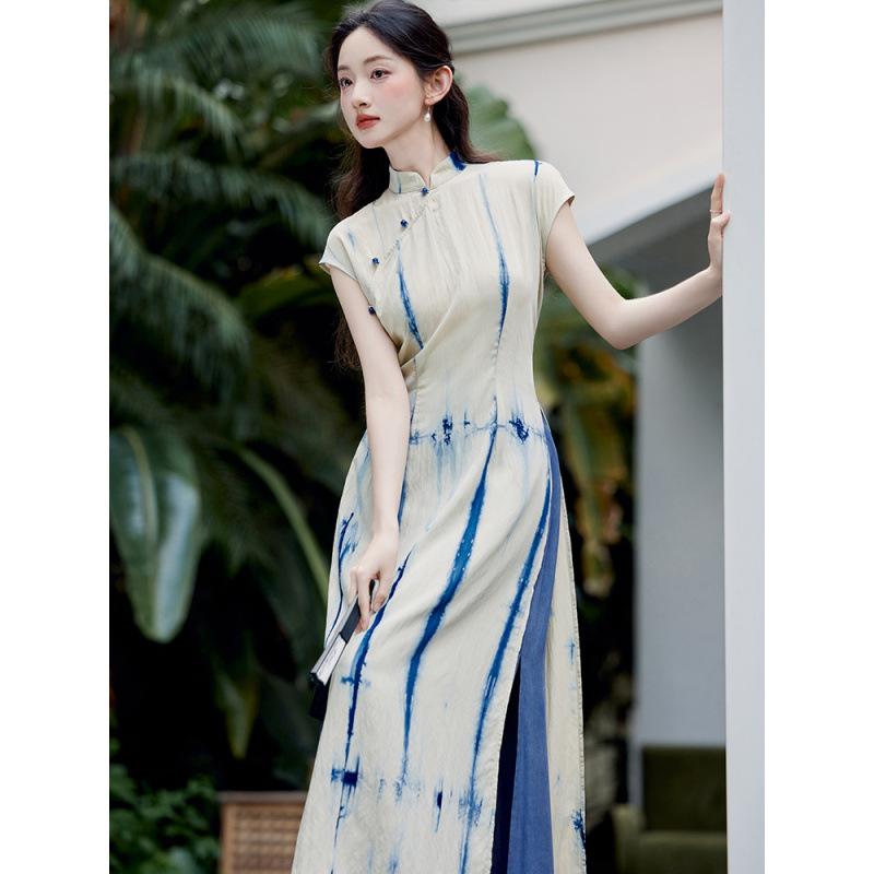 チャイナドレス レディース 新中華風 レトロ 藍染め ぼかし染め ロング丈 半袖 スタンドカラー 飾りボタン 上品 エレガント 高級感 ポリエステル 春夏(4)