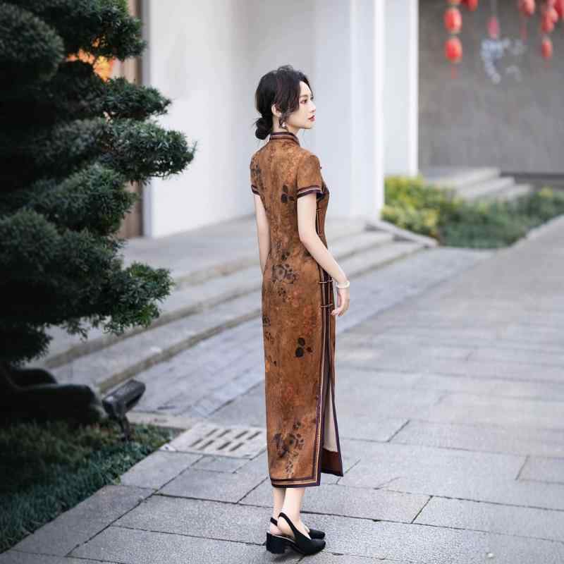 チャイナドレス レディース ミセス スリムフィット ストレッチ 新中華風 レトロモダン ロング丈 半袖 ポリエステル 花柄 スタンドカラー 斜め襟 春夏