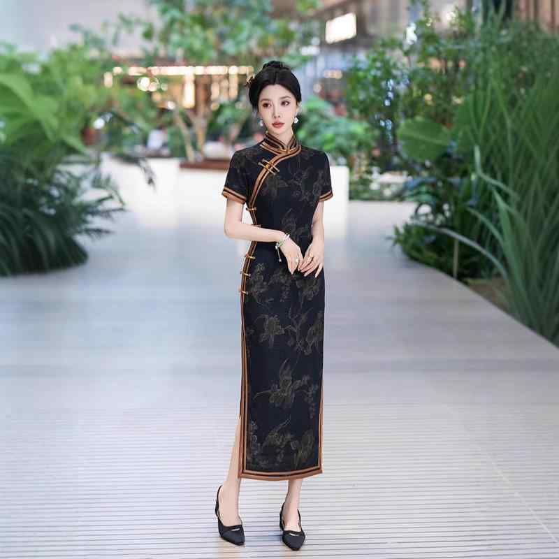 チャイナドレス レディース 高級感 新チャイナ風 春夏 デイリー レトロ エレガント ロング丈 真絲 スタンドカラー 斜め襟 五分袖 ロー スリット ワンピース