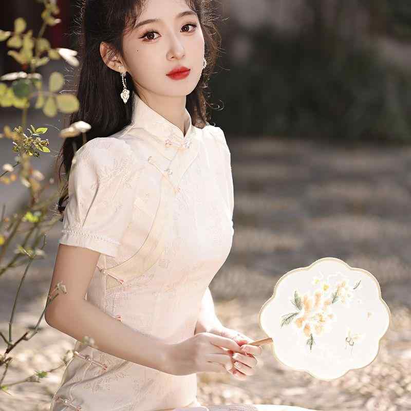 チャイナドレス レディース 中華レトロ ジャカード織り ミドル丈 ポロ襟 ノースリーブ エレガント 普段使い プリンセス風 春夏