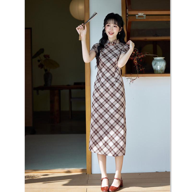 チャイナドレス レディース ロング丈 チェック柄 レトロ スタンドカラー 七分袖 ストレッチ 改良版 ジャカード織り ポリエステル素材 中国風 春夏(4)